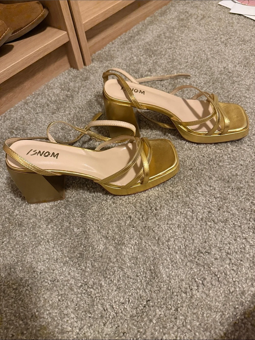 Gold Platform Block Heel Sandals with Ankle Strap